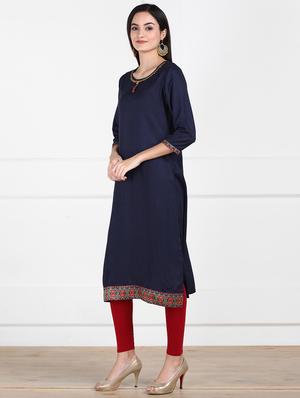 solid navy straight kurta - 17457069 - Standard Image - 2