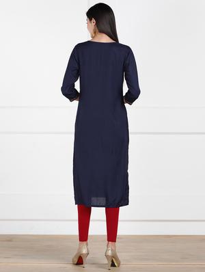 solid navy straight kurta - 17457069 - Standard Image - 3