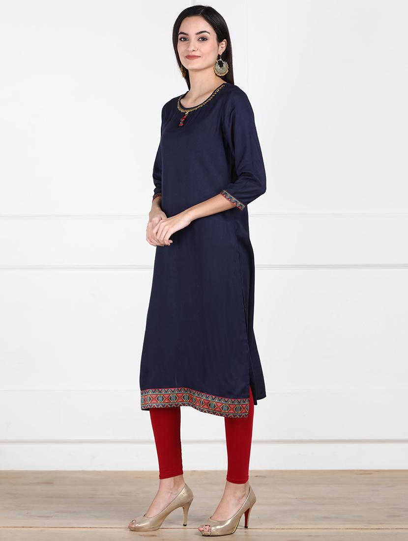 solid navy straight kurta - 17457069 - Zoom Image - 2