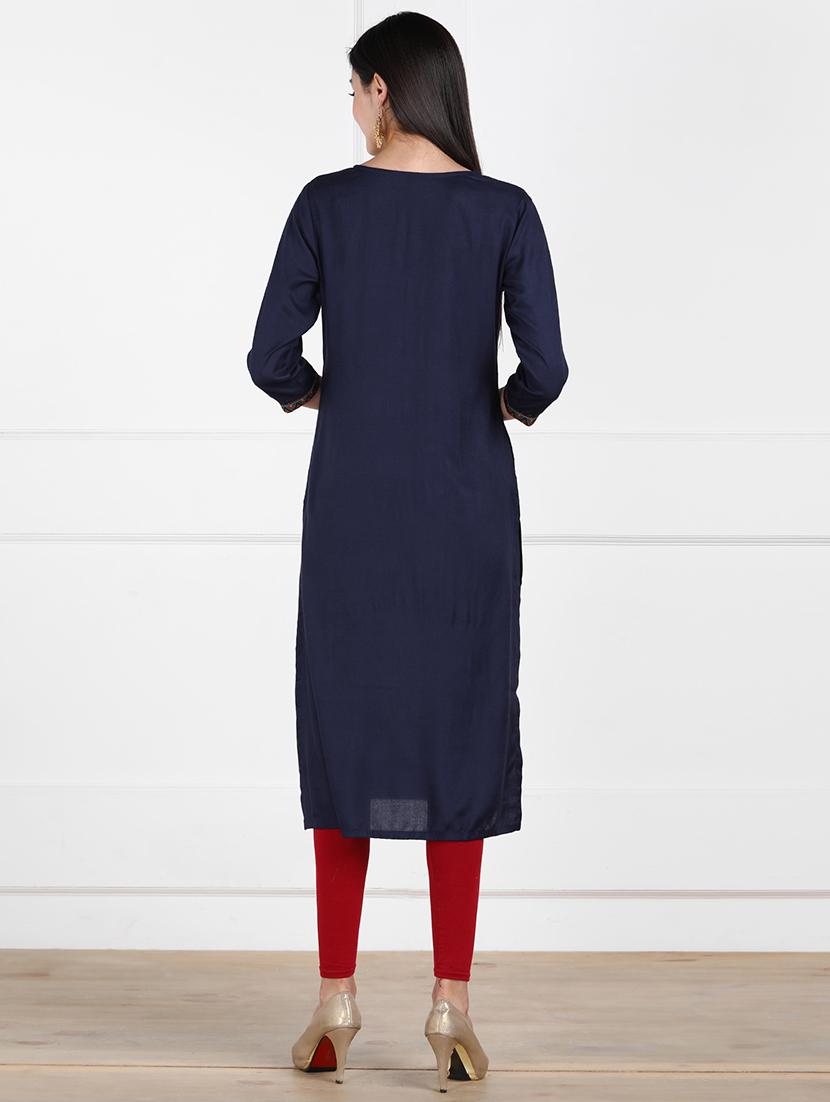 solid navy straight kurta - 17457069 - Zoom Image - 3