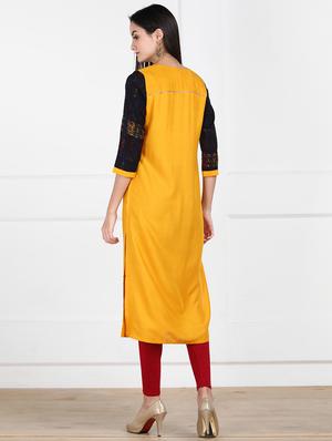 solid contrast yoke straight kurta - 17457070 - Standard Image - 3