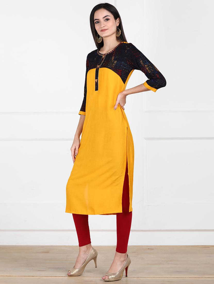 solid contrast yoke straight kurta - 17457070 - Zoom Image - 2