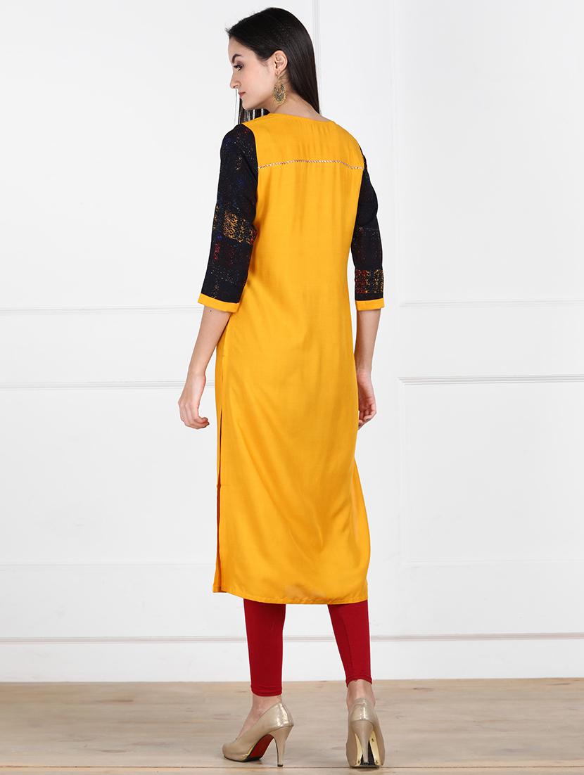 solid contrast yoke straight kurta - 17457070 - Zoom Image - 3