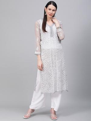 chikankari straight kurta - 17457251 - Standard Image - 2