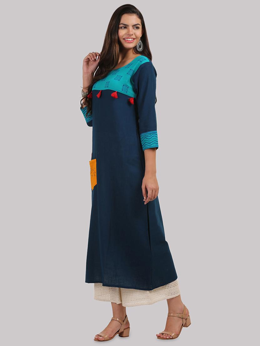 contrast yoke straight kurta - 17457701 - Zoom Image - 2
