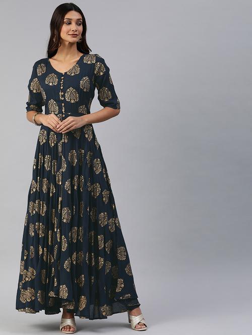 foil print fit & flare dress - 17457806 - Standard Image - 1