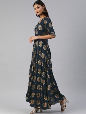 foil print fit & flare dress - 17457806 - Standard Image - 2