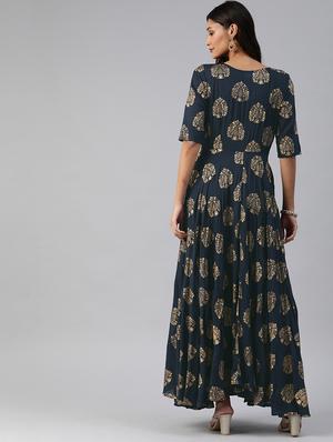 foil print fit & flare dress - 17457806 - Standard Image - 3