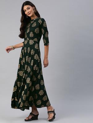 foil print fit & flare dress - 17457807 - Standard Image - 2