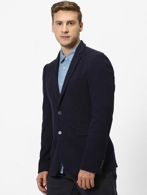 navy blue solid single breasted casual blazer - 17457824 - Standard Image - 2