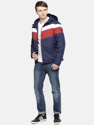 navy blue color block casual jacket - 17457830 - Standard Image - 4