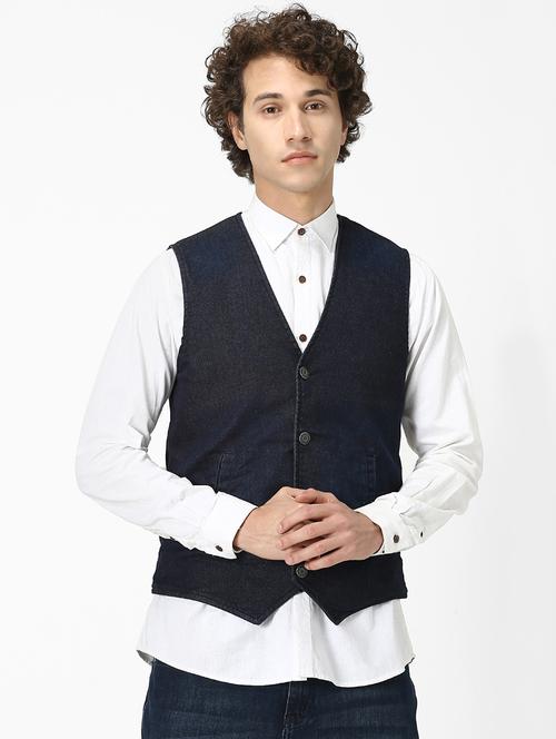 dark blue solid classic waist coat - 17457837 - Standard Image - 1