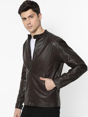 brown solid pu biker jacket - 17457839 - Standard Image - 2