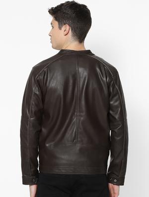 brown solid pu biker jacket - 17457839 - Standard Image - 3