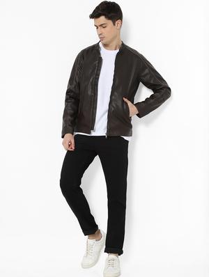 brown solid pu biker jacket - 17457839 - Standard Image - 4