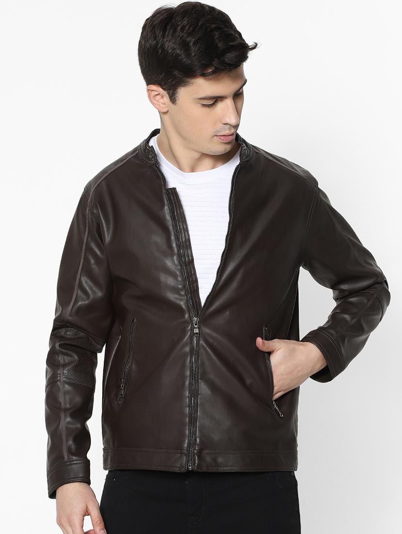 brown solid pu biker jacket - 17457839 - Zoom Image - 1