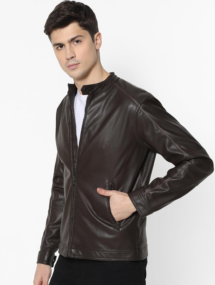 brown solid pu biker jacket - 17457839 - Zoom Image - 2
