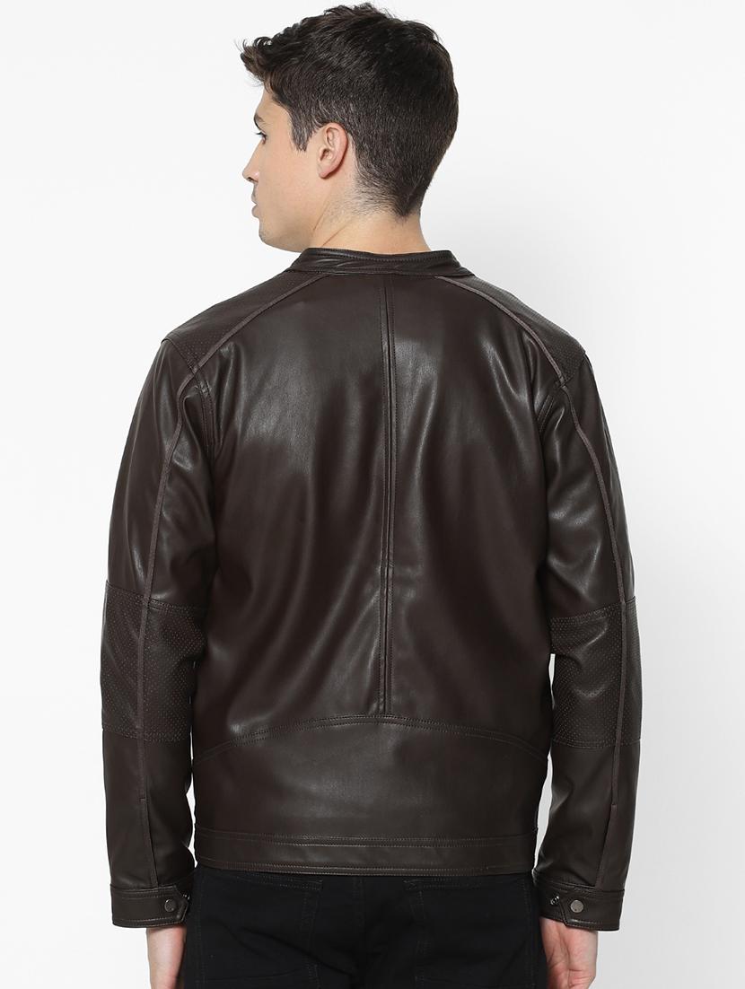 brown solid pu biker jacket - 17457839 - Zoom Image - 3