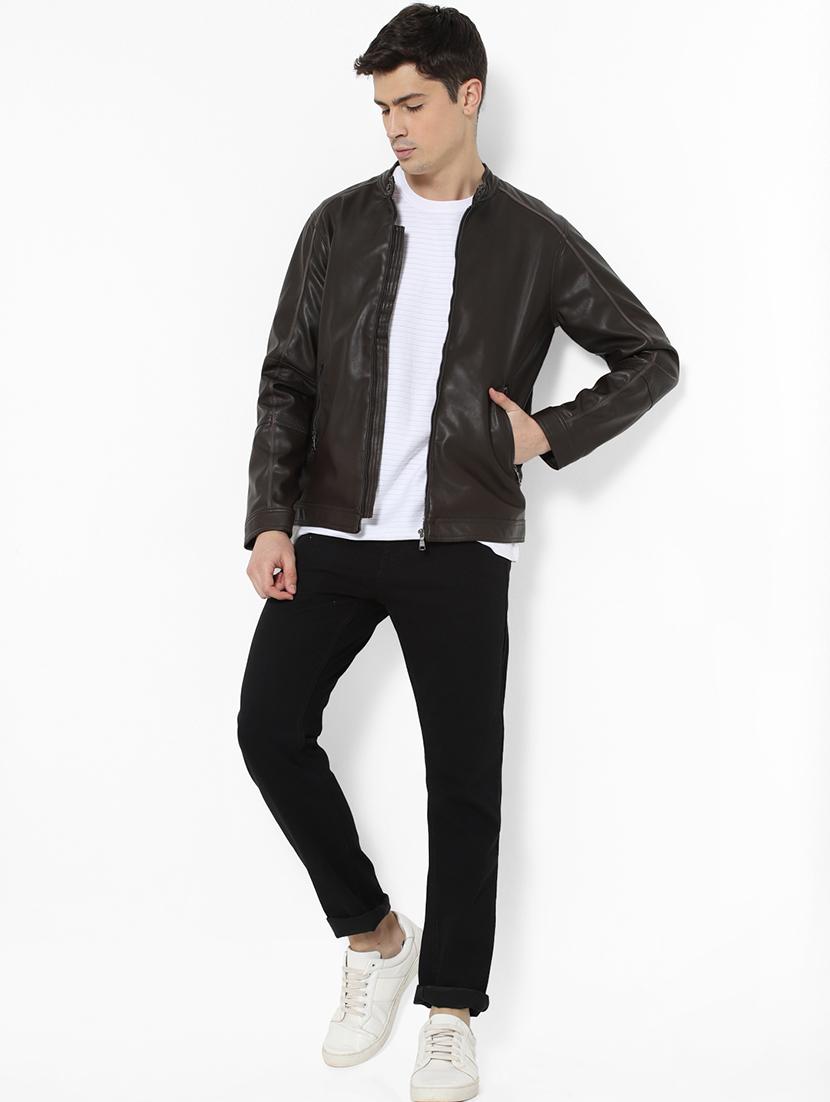 brown solid pu biker jacket - 17457839 - Zoom Image - 4
