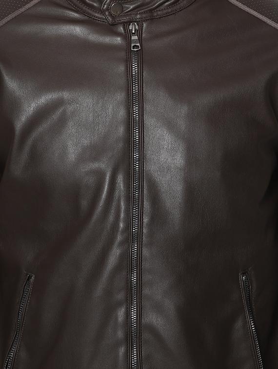 brown solid pu biker jacket - 17457839 - Zoom Image - 5