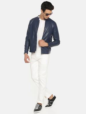 blue solid pu biker jacket - 17457857 - Standard Image - 4