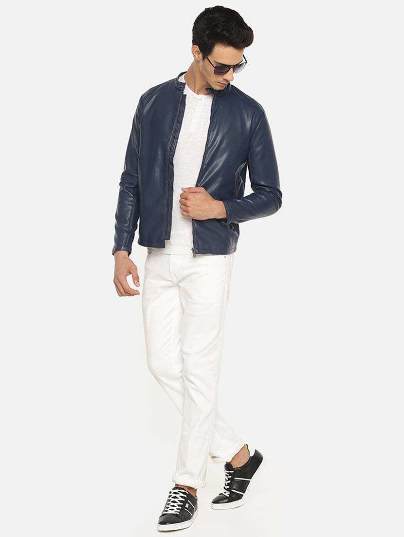 blue solid pu biker jacket - 17457857 - Zoom Image - 4