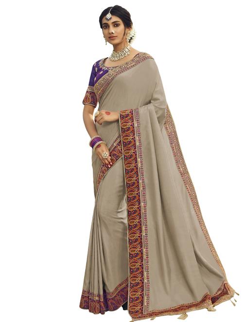 solid bordered saree with blouse - 17458387 - Standard Image - 1