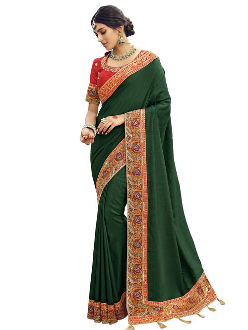 bottle green bordered saree with blouse - 17458388 - Standard Image - 1