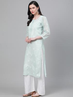 ada light pistachio green chikankari straight kurta - 17459246 - Standard Image - 2