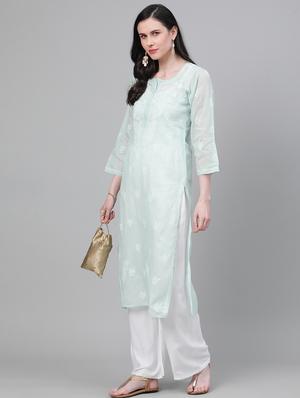 ada light pistachio green chikankari straight kurta - 17459246 - Standard Image - 3