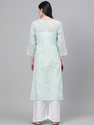 ada light pistachio green chikankari straight kurta - 17459246 - Standard Image - 4