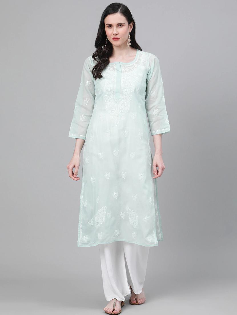 ada light pistachio green chikankari straight kurta - 17459246 - Zoom Image - 1