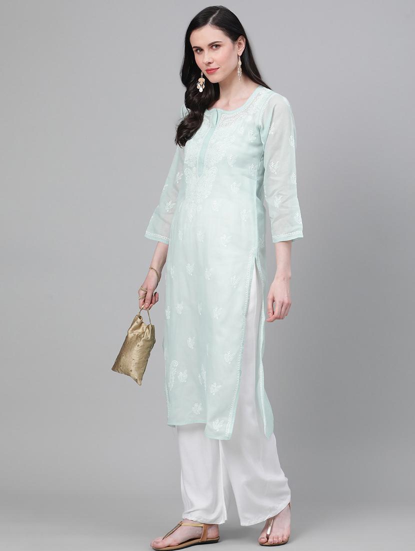 ada light pistachio green chikankari straight kurta - 17459246 - Zoom Image - 3