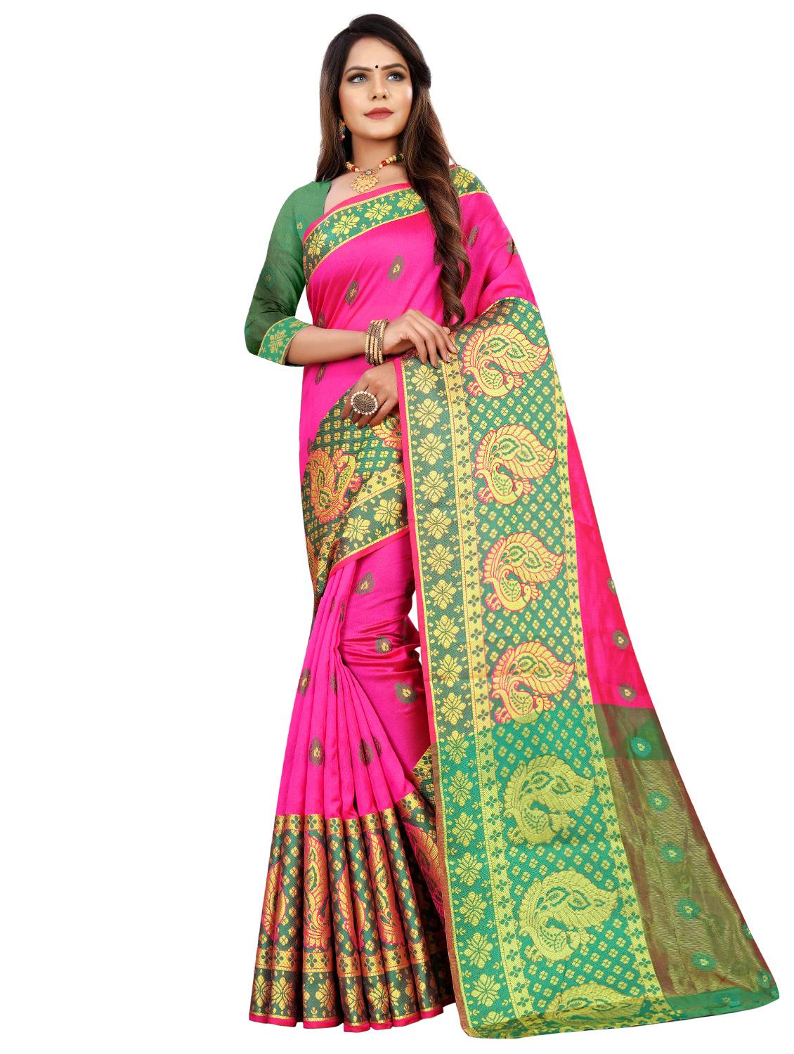 solid bordered banarasi saree with blouse - 17459911 - Zoom Image - 1