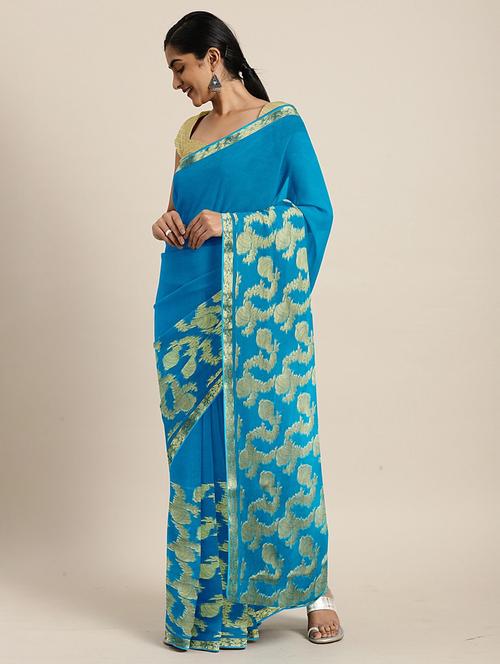 turquoise chiffon woven saree with blouse - 17459981 - Standard Image - 1