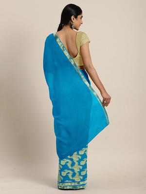 turquoise chiffon woven saree with blouse - 17459981 - Standard Image - 2