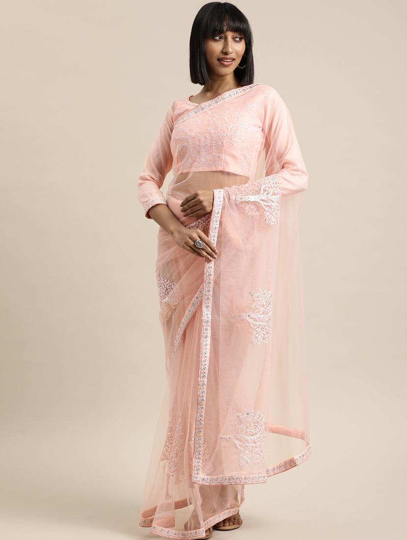 tonal embroidered plain saree with blouse - 17459989 - Zoom Image - 1