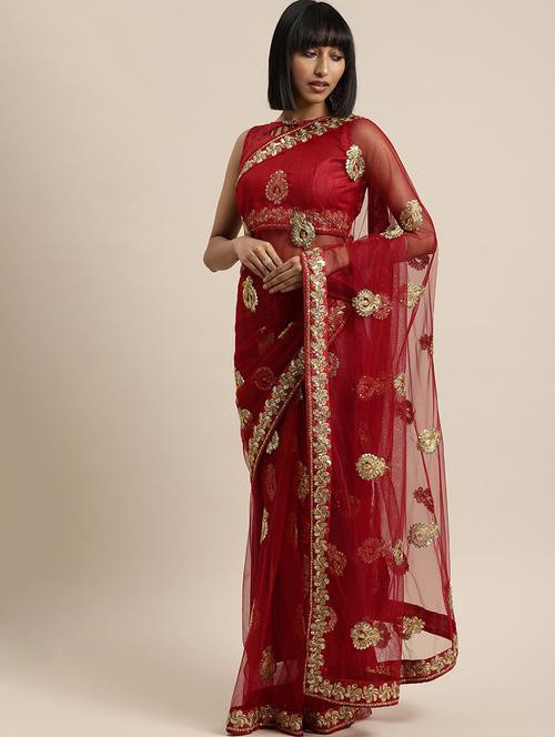 maroon embroidered saree with blouse - 17459990 - Standard Image - 1