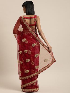 maroon embroidered saree with blouse - 17459990 - Standard Image - 2