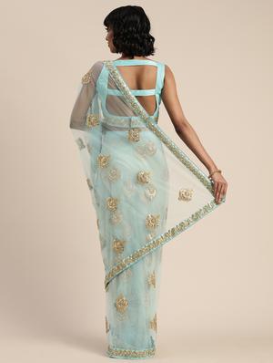 turquoise net printed saree with blouse - 17459992 - Standard Image - 2