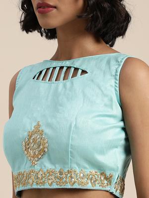 turquoise net printed saree with blouse - 17459992 - Standard Image - 3