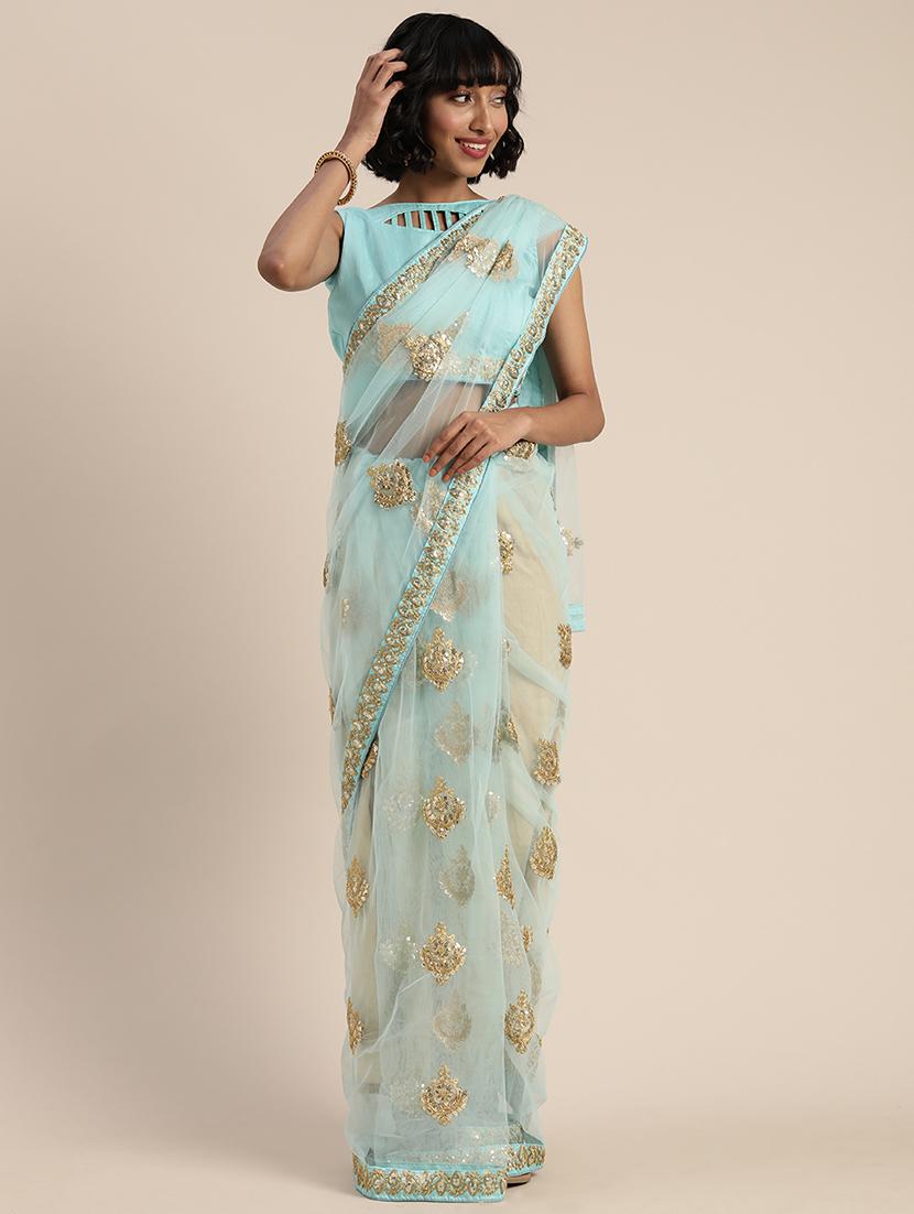 turquoise net printed saree with blouse - 17459992 - Zoom Image - 1
