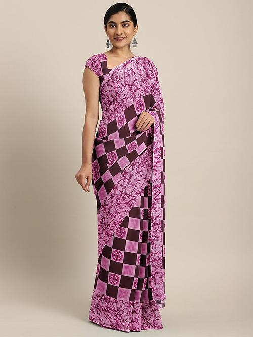 checkered printed saree with blouse - 17460022 - Standard Image - 1