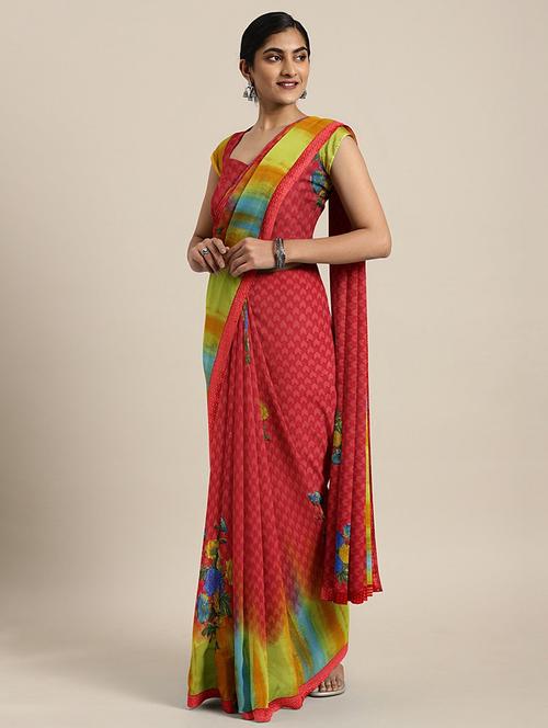 red georgette printed saree with blouse - 17460089 - Standard Image - 1