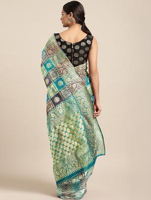 turquoise woven saree with blouse - 17460184 - Standard Image - 2