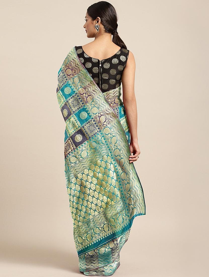 turquoise woven saree with blouse - 17460184 - Zoom Image - 2