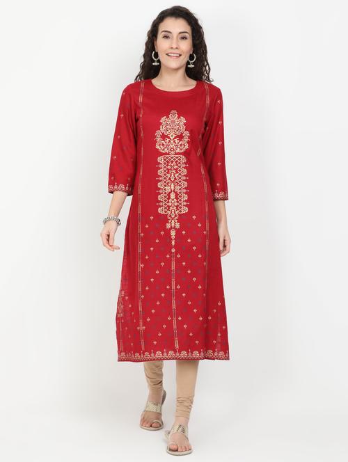 maroon rayon straight kurta - 17461790 - Standard Image - 1