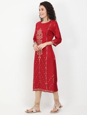 maroon rayon straight kurta - 17461790 - Standard Image - 2
