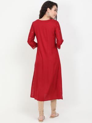 maroon rayon straight kurta - 17461790 - Standard Image - 3