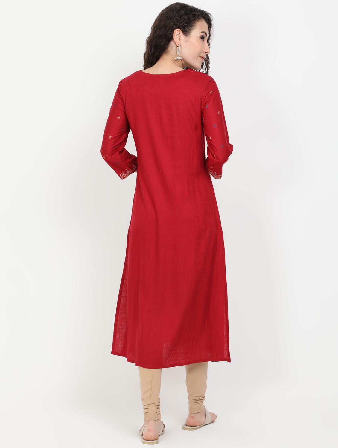 maroon rayon straight kurta - 17461790 - Zoom Image - 3